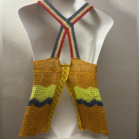 Free People Winding Road in Yellow Crochet Open Back Knit Tank Top M - Picture 4 of 16